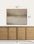 wooden sideboard with wicker doors and mounted television displaying a mountain scene, with dimensions indicated. 