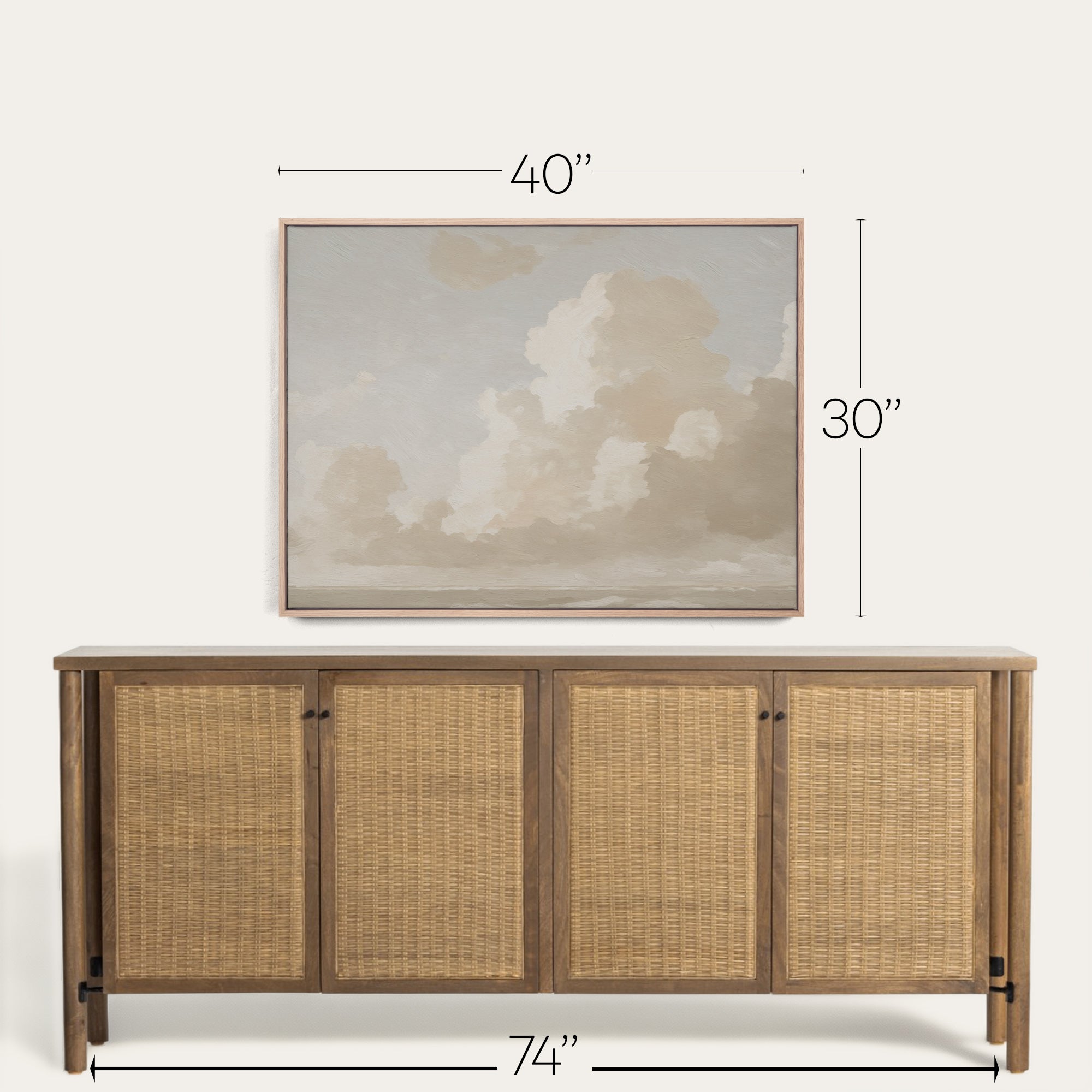 Wooden sideboard with wicker doors and framed artwork above, with dimensions displayed. 