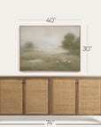 wooden sideboard with wicker doors and a framed landscape painting above it, with dimensions indicated. 