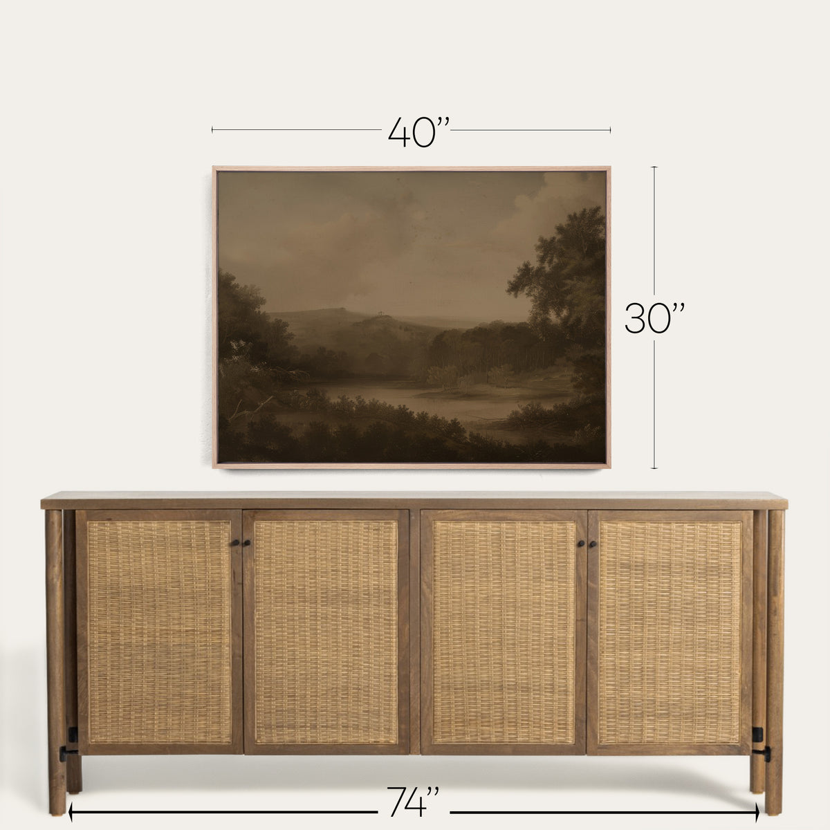 Wooden sideboard with wicker doors and a framed landscape painting above it, with dimensions indicated. 