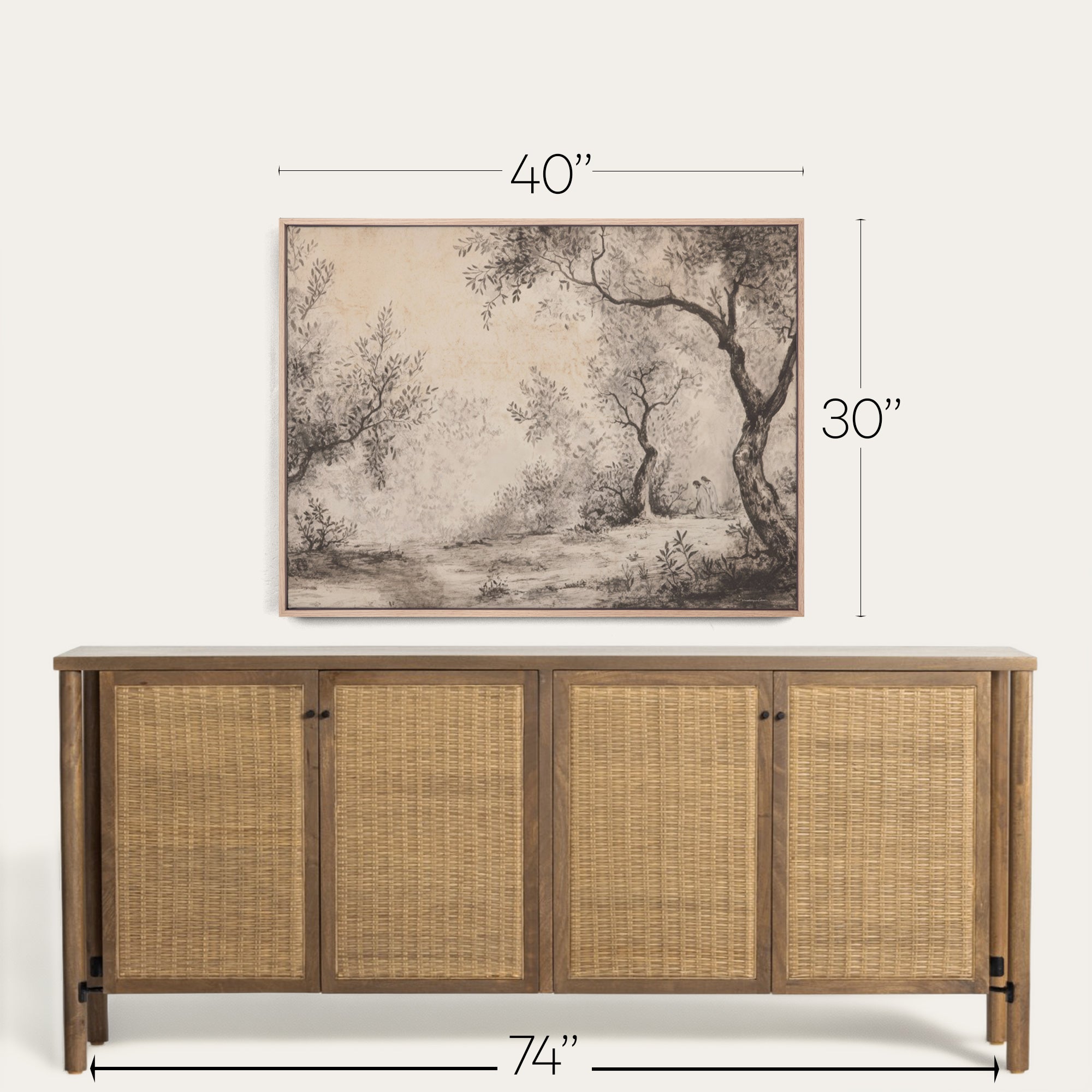 Wooden sideboard with wicker doors and a framed landscape painting above it, with dimensions displayed. 