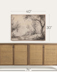 wooden sideboard with wicker doors and a framed landscape painting above it, with dimensions displayed. 