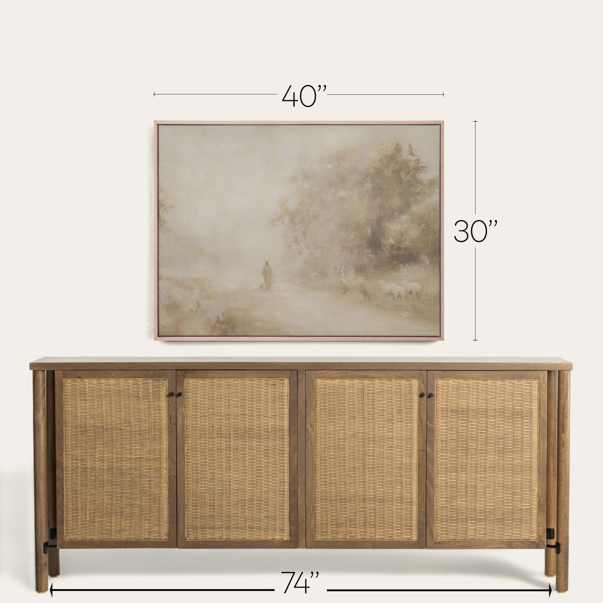Wooden sideboard with wicker doors and a framed landscape painting above it, with dimensions displayed. 