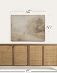 wooden sideboard with wicker doors and a framed landscape painting above it, with dimensions displayed. 