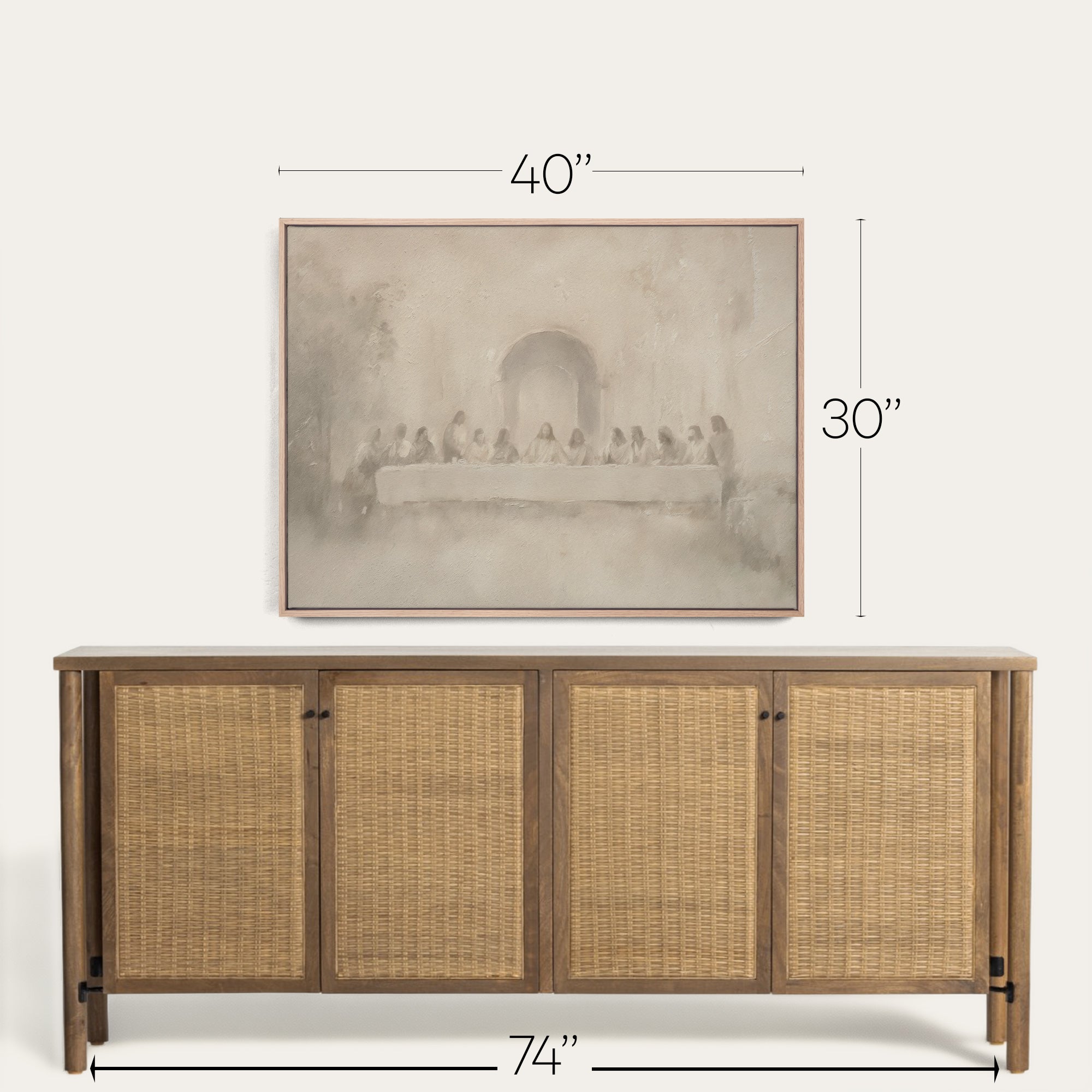 Furniture piece with dimensions displayed above it on a white background 