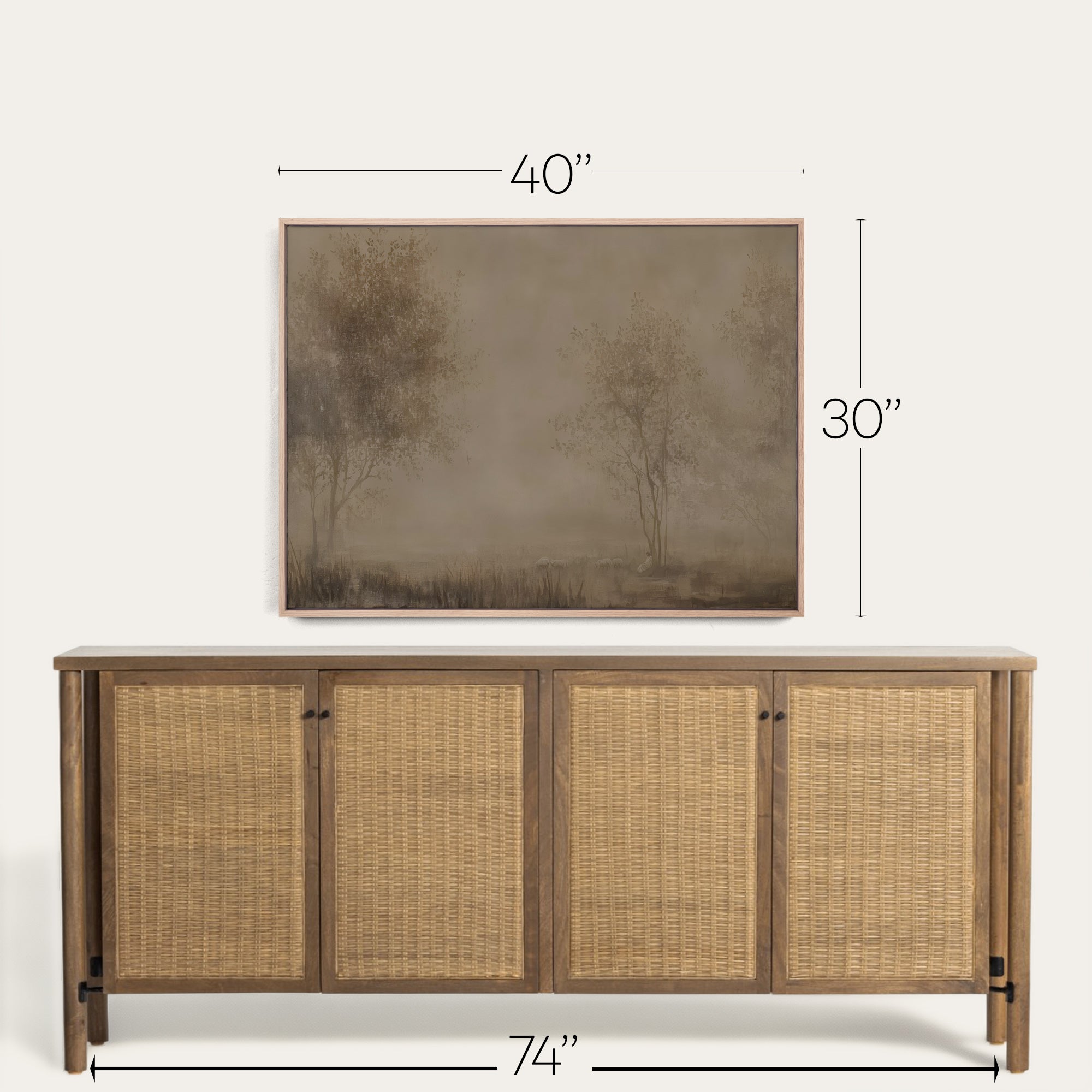 Wooden sideboard with wicker doors and dimensions displayed above it on a white background 