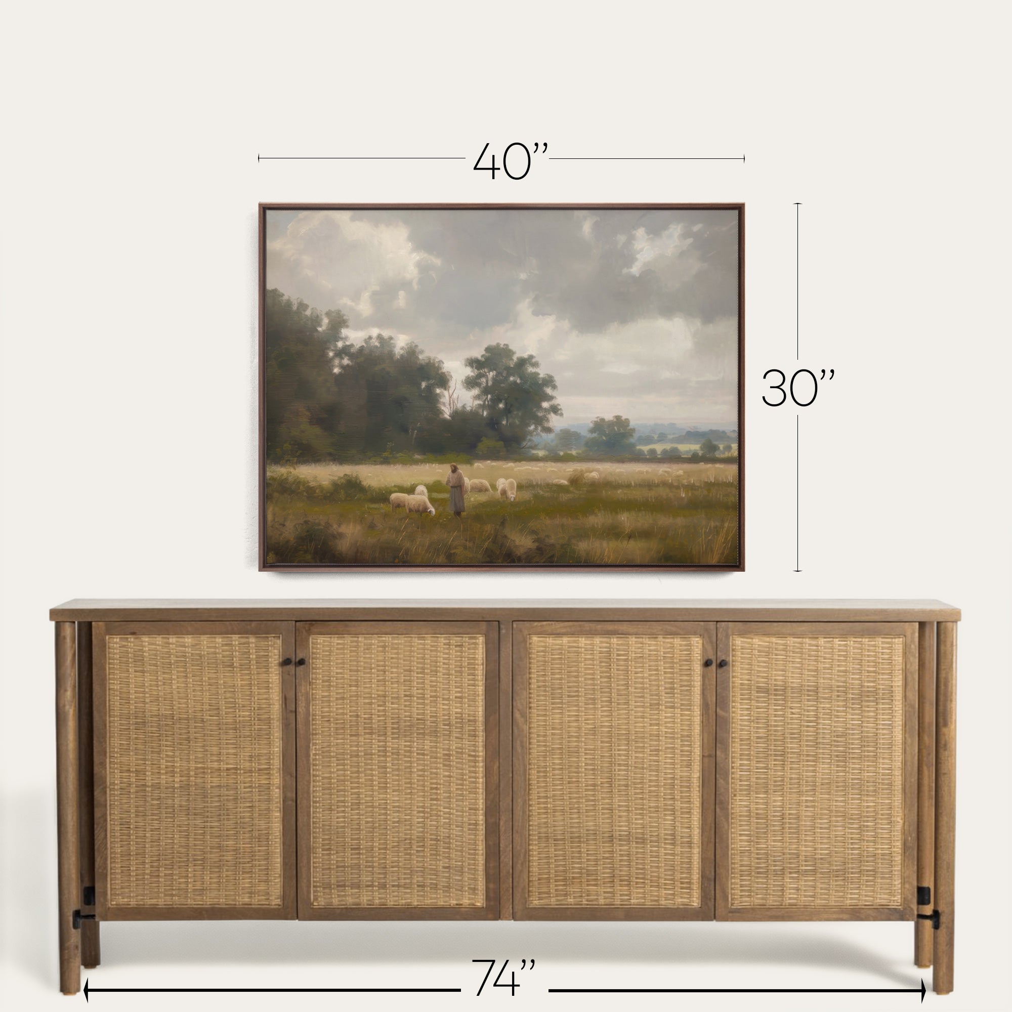 Framed landscape painting above a wooden sideboard with dimensions indicated. 
