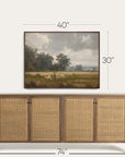 framed landscape painting above a wooden sideboard with dimensions indicated. 