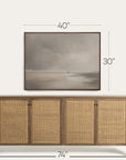 wooden sideboard with wicker doors and mounted artwork with dimensions on a white background 