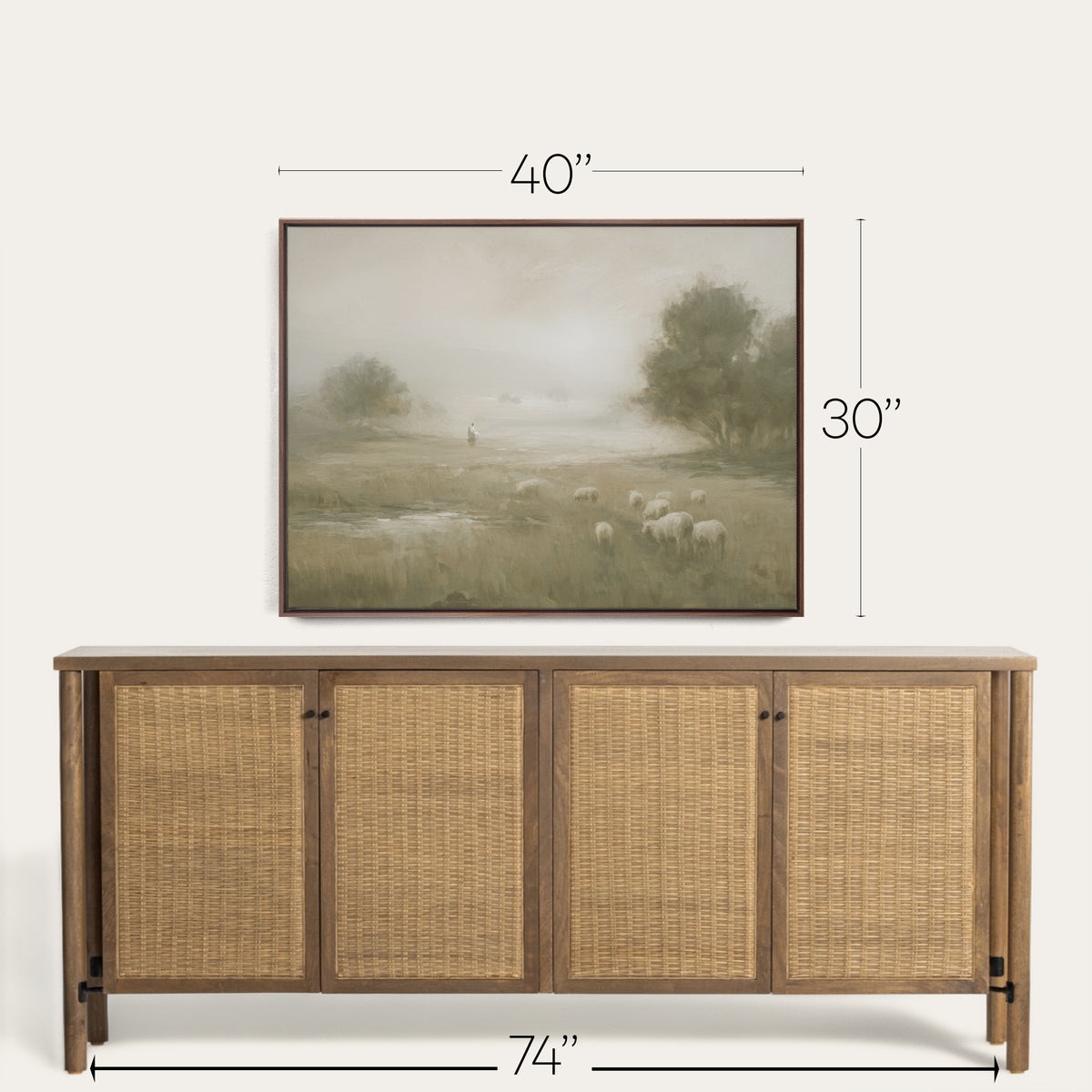 Framed landscape painting above a wooden sideboard with dimensions indicated. 