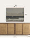 wooden sideboard with wicker doors and framed artwork above it, showing dimensions. 