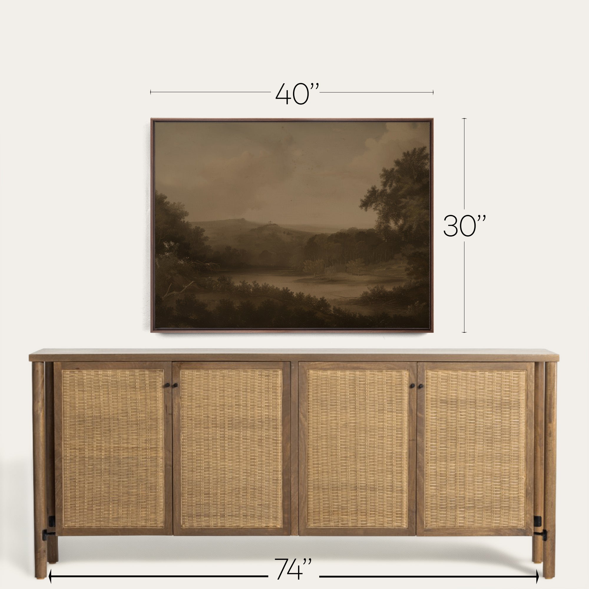 Furniture piece with wicker doors and a painting above it, showing dimensions. 