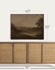 furniture piece with wicker doors and a painting above it, showing dimensions. 