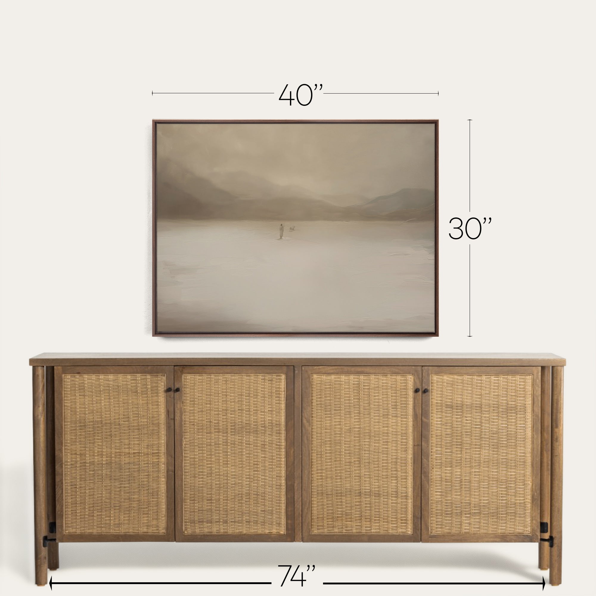 Wooden sideboard with wicker doors and mounted television displaying a mountain scene, with dimensions indicated. 
