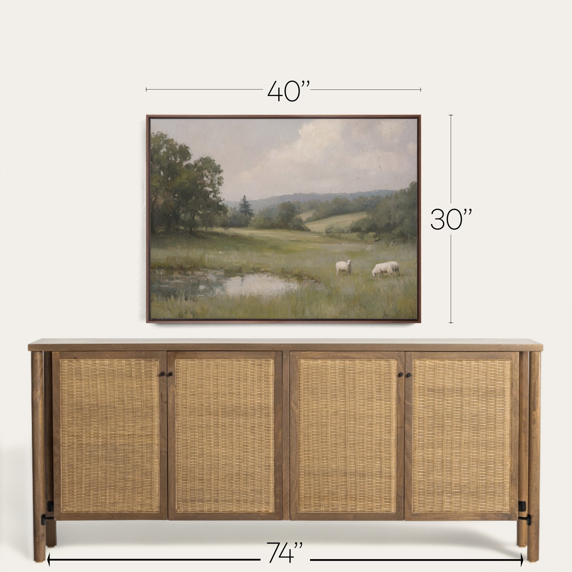 Framed landscape painting above a wooden sideboard with dimensions indicated. 