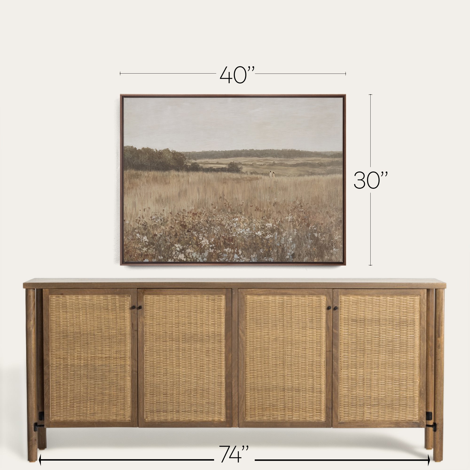 Wooden sideboard with rattan doors and a framed landscape print above it, with dimensions displayed. 