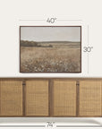 wooden sideboard with rattan doors and a framed landscape print above it, with dimensions displayed. 