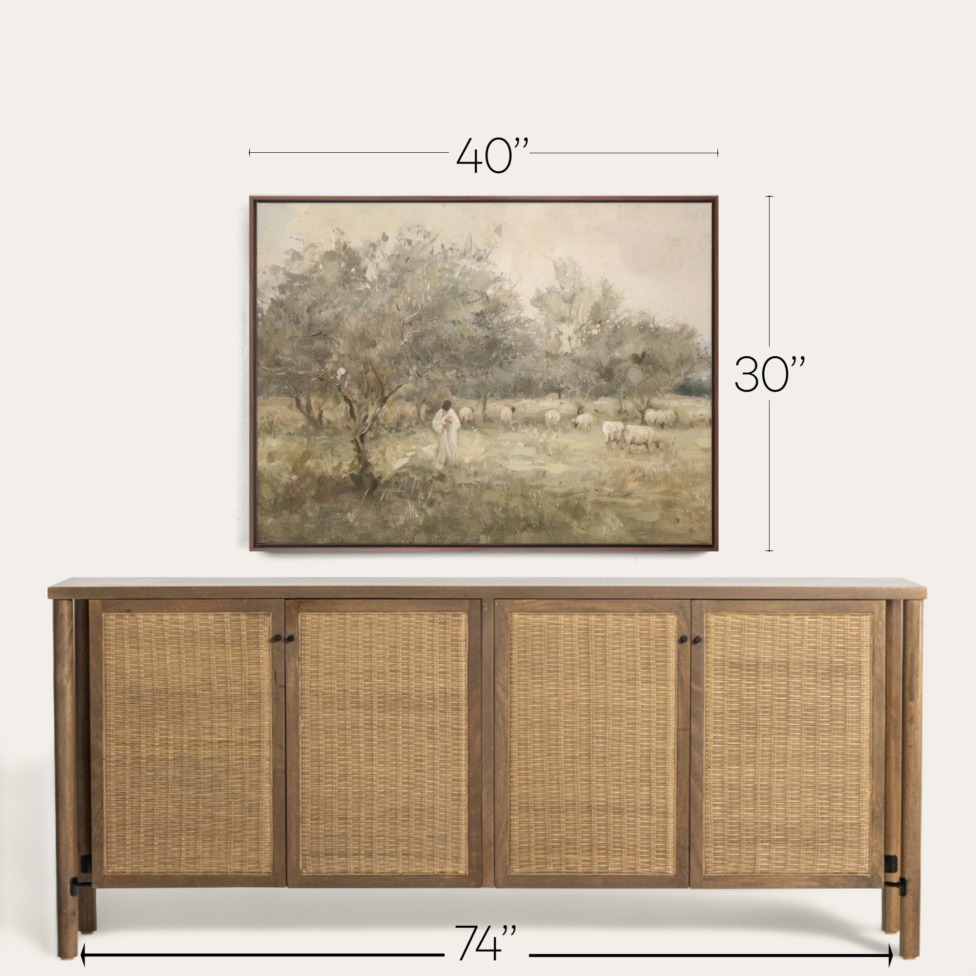 Framed landscape painting above a wooden sideboard with dimensions indicated. 