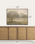 framed landscape painting above a wooden sideboard with dimensions indicated. 
