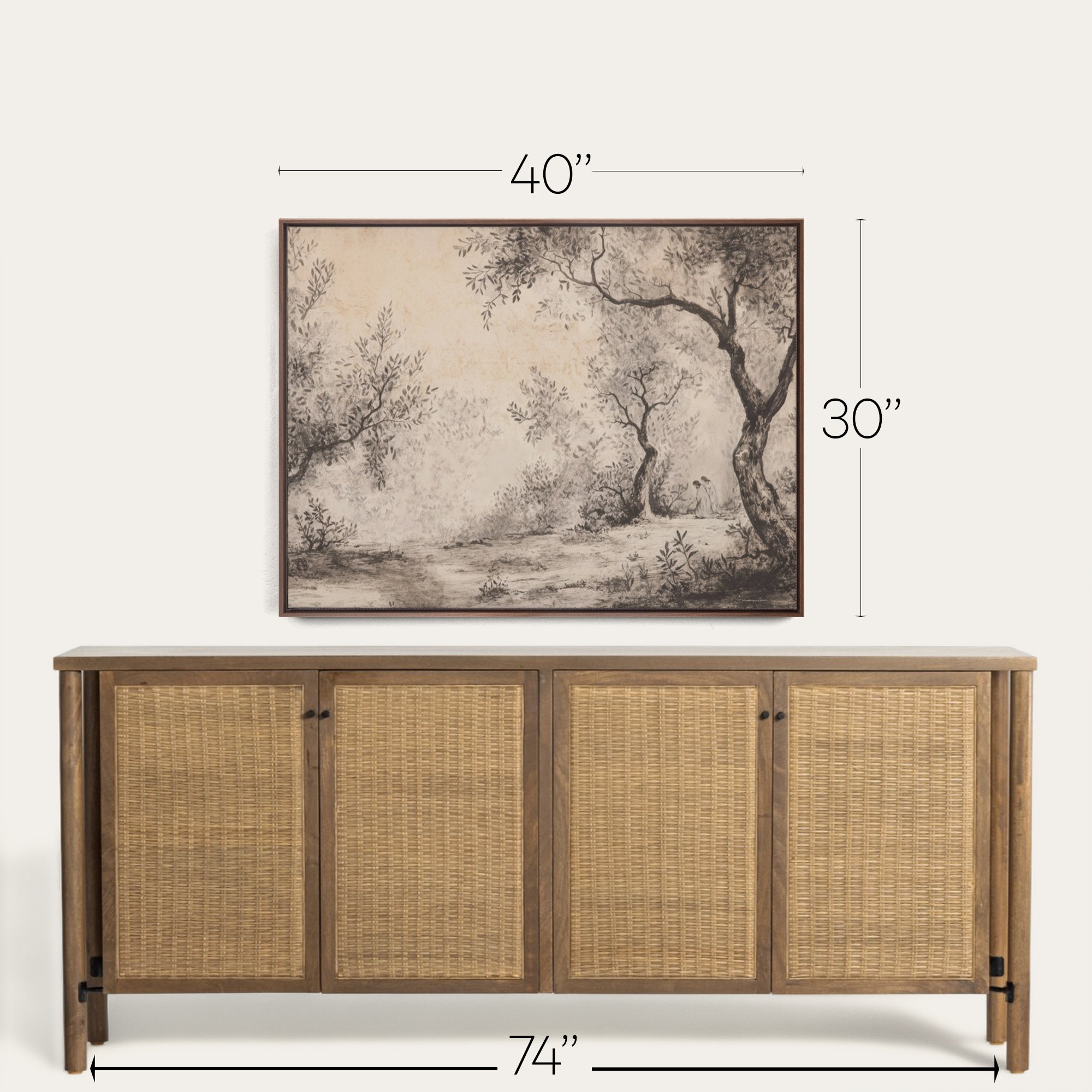 Wooden sideboard with rattan doors and a framed landscape painting above it, with dimensions displayed. 