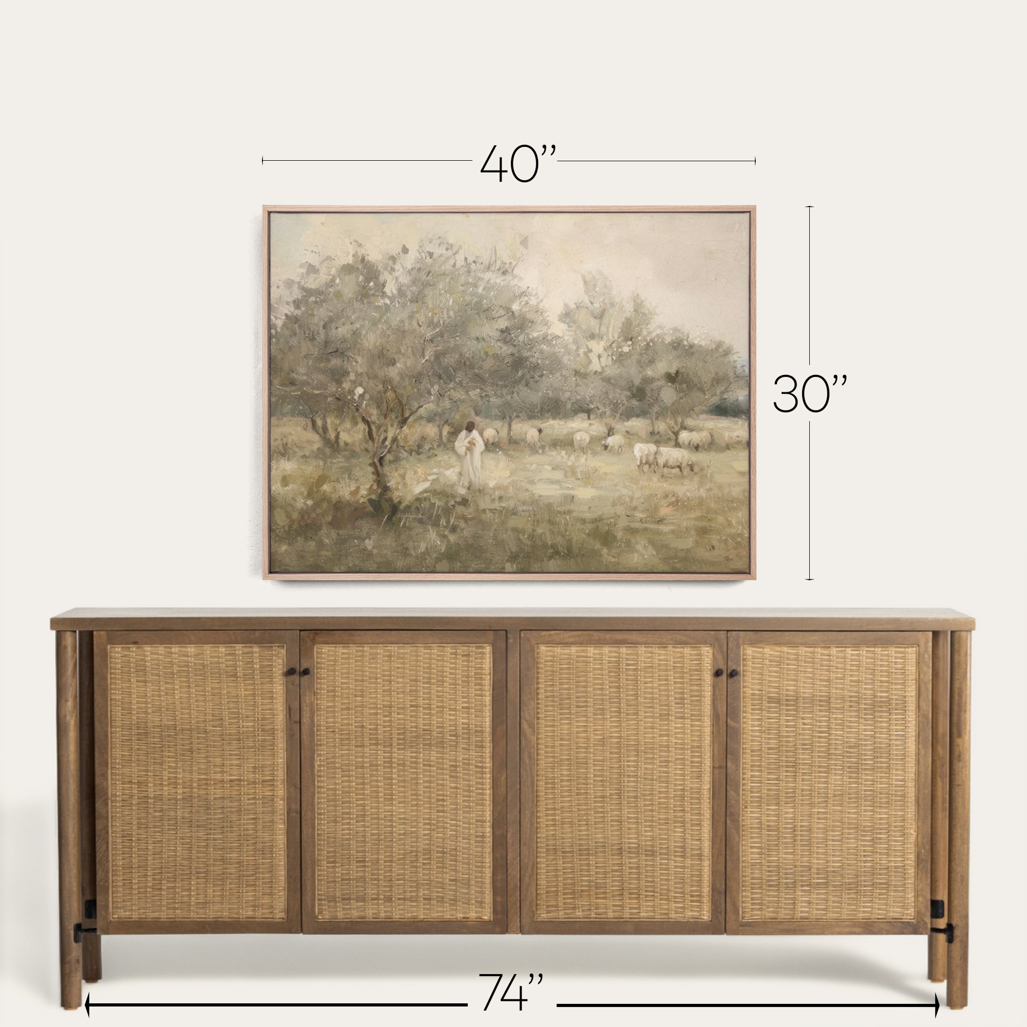 Framed landscape painting above a wooden sideboard with dimensions indicated. 