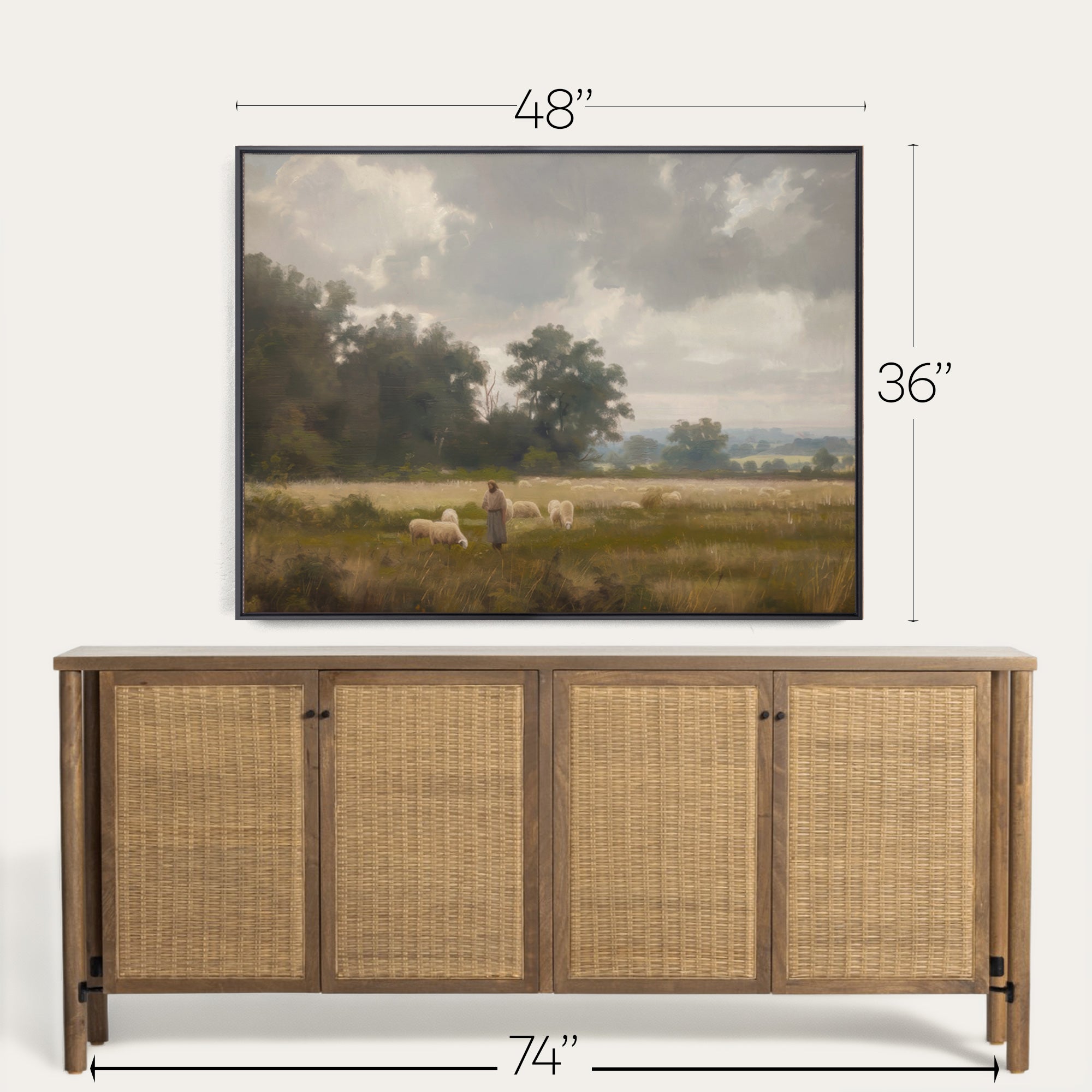 Wooden sideboard with a framed landscape painting above it, showing dimensions. 