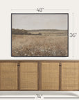 wooden sideboard with wicker doors and framed landscape art above it, with measurements indicated. 