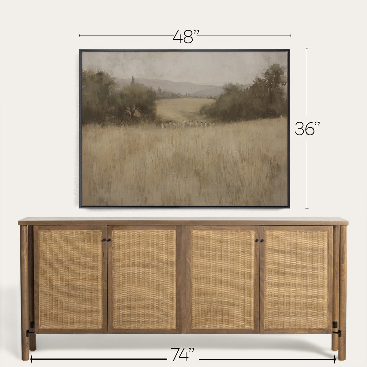 Wooden sideboard with wicker doors and a framed landscape painting above it, with measurements indicated. 