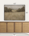 wooden sideboard with wicker doors and a framed landscape painting above it, with measurements indicated. 