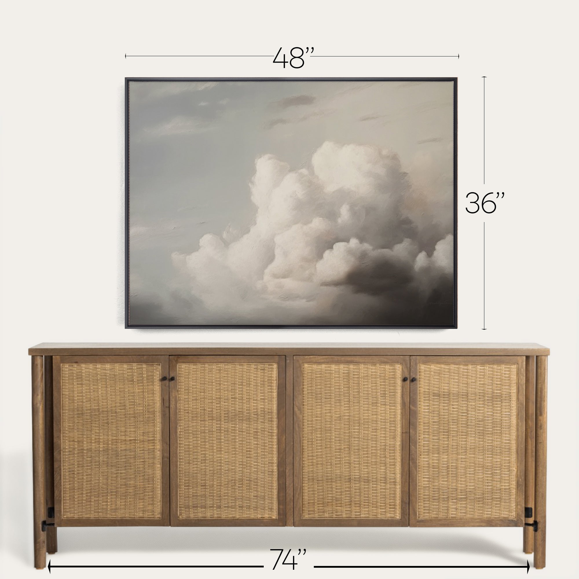 Wooden sideboard with wicker doors and framed artwork above it, showing dimensions. 