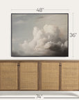 wooden sideboard with wicker doors and framed artwork above it, showing dimensions. 