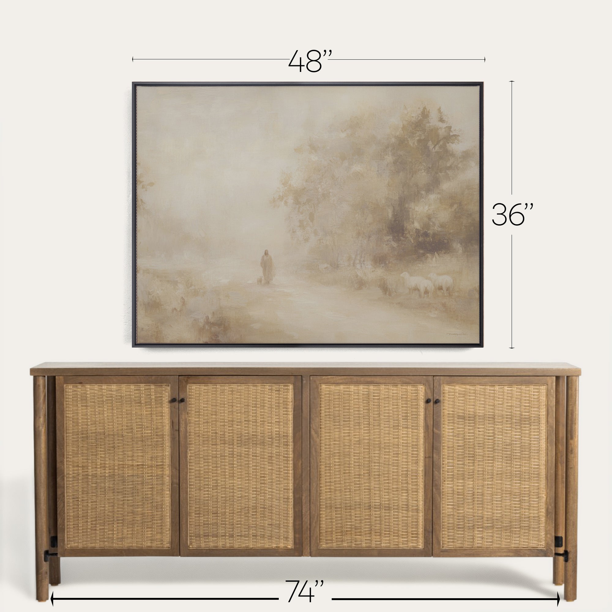 Wooden sideboard with wicker doors and a framed abstract painting above it, with measurements indicated. 