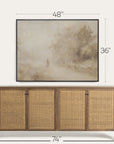 wooden sideboard with wicker doors and a framed abstract painting above it, with measurements indicated. 