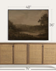 framed landscape painting above a wooden sideboard with dimensions indicated. 