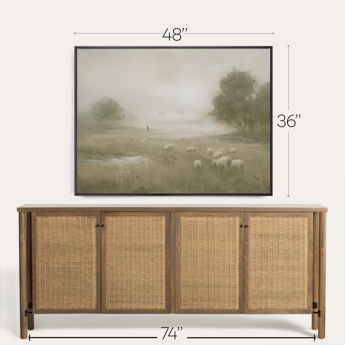 Wooden sideboard with wicker doors and framed landscape painting above it, showing dimensions. 