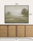 wooden sideboard with wicker doors and framed landscape painting above it, showing dimensions. 
