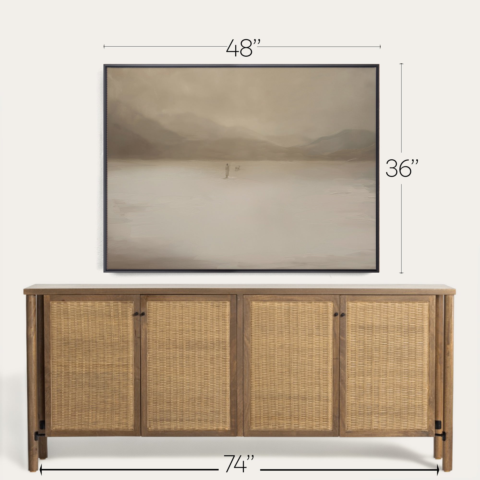 Wooden sideboard with wicker doors and mounted TV displaying a landscape, with dimensions indicated. 