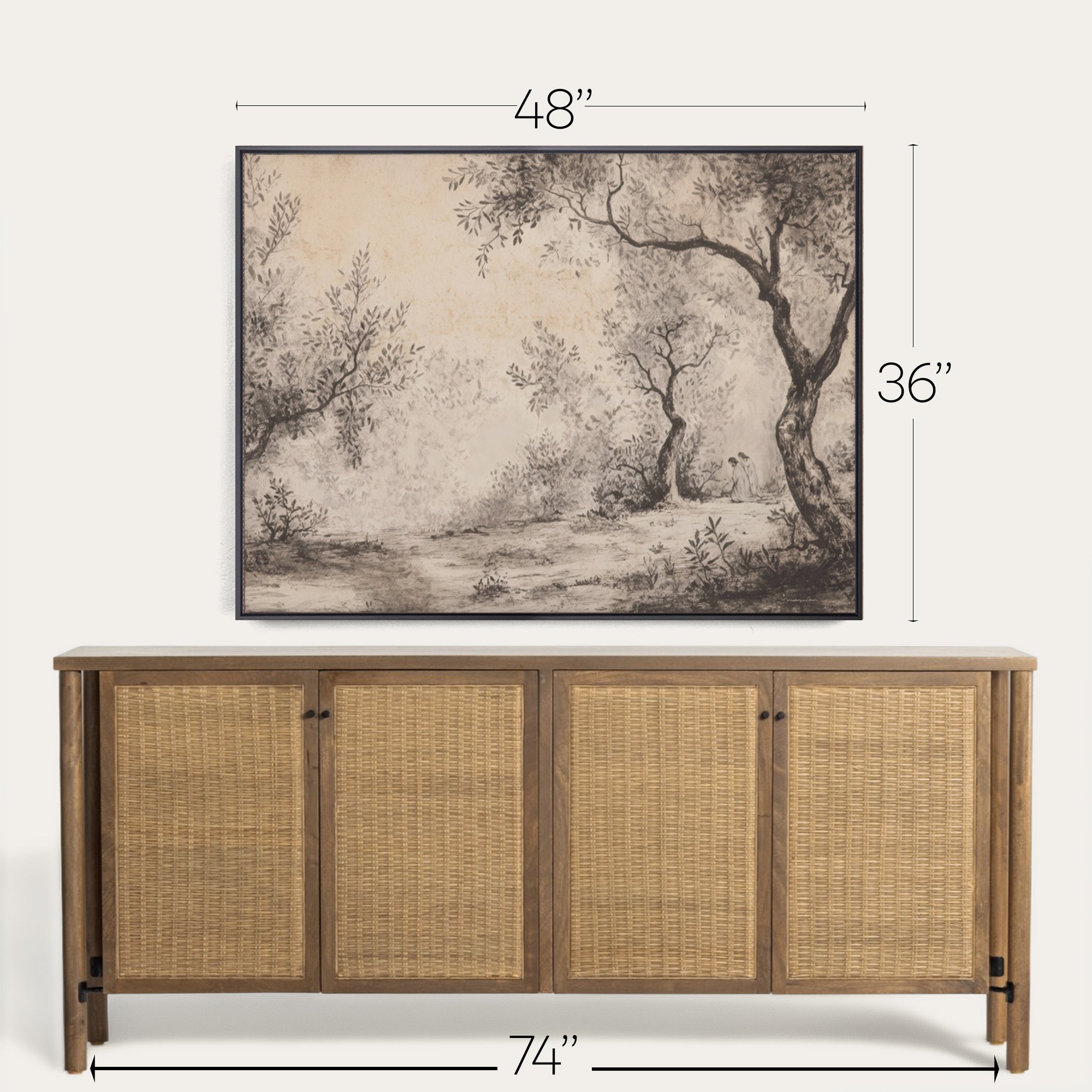 Wooden sideboard with wicker doors and framed landscape painting above, with dimensions displayed. 