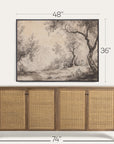 wooden sideboard with wicker doors and framed landscape painting above, with dimensions displayed. 