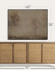 wooden sideboard with wicker doors and a framed landscape painting above it, with measurements indicated. 