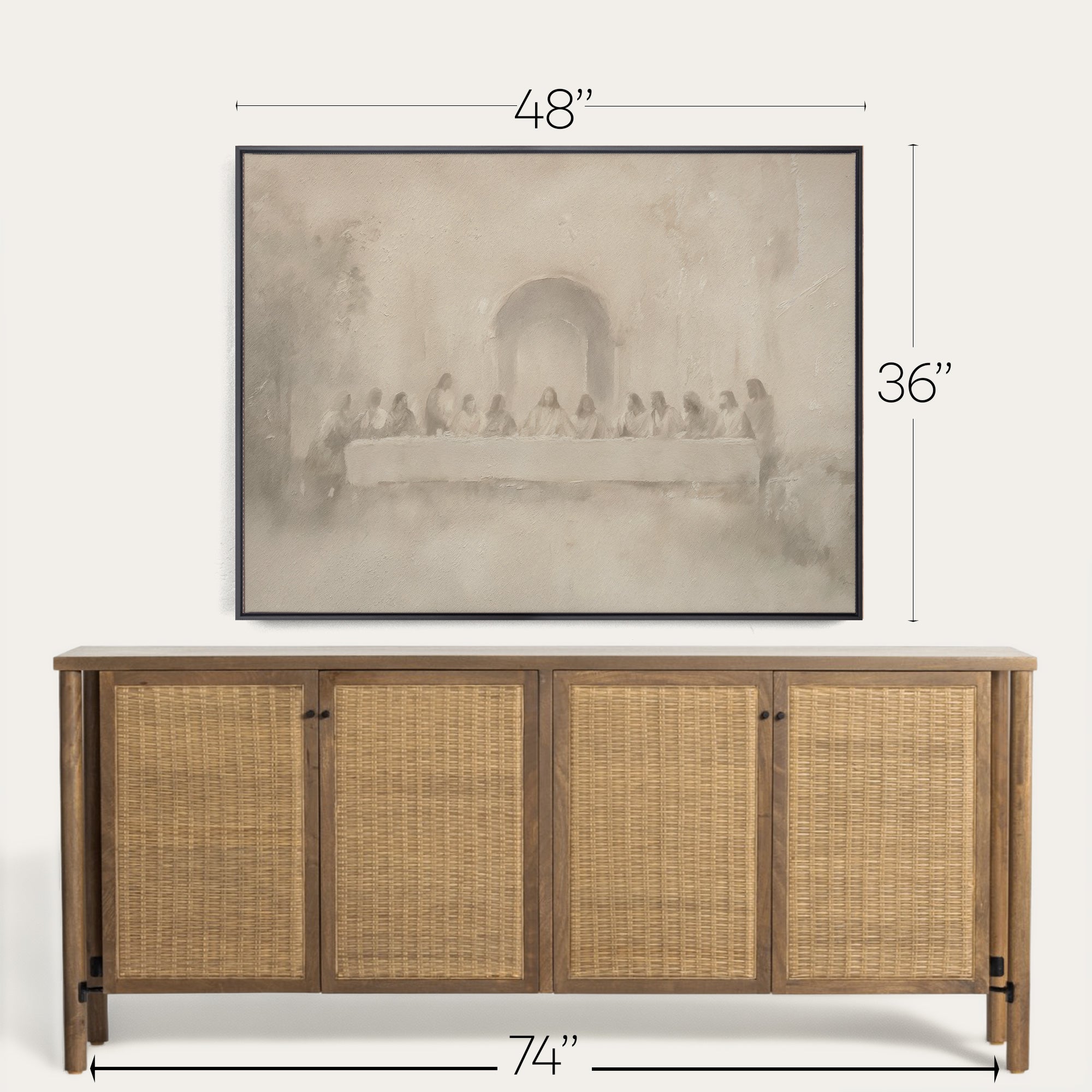 Wooden sideboard with wicker doors and framed artwork above it, showing dimensions. 