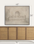 wooden sideboard with wicker doors and framed artwork above it, showing dimensions. 