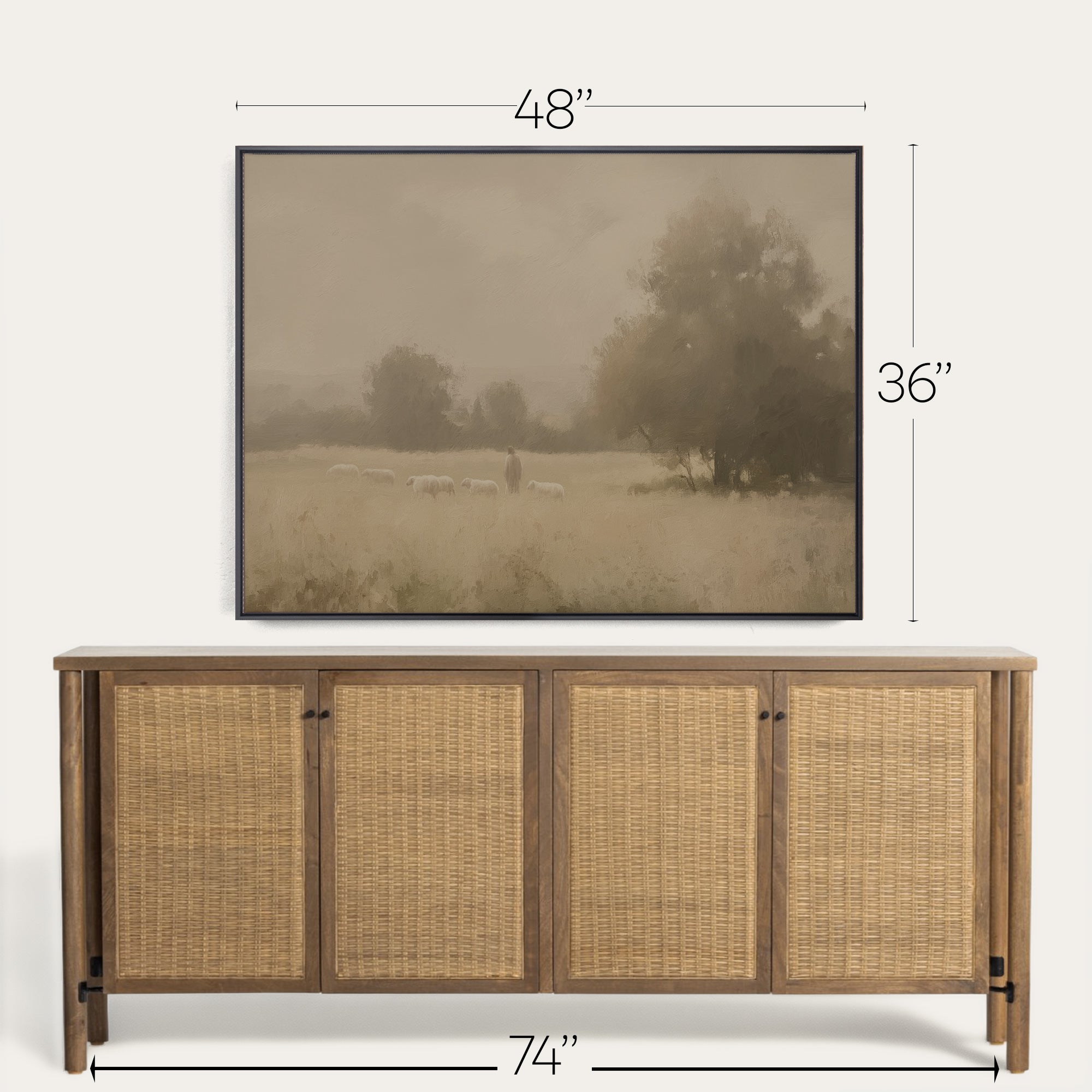 Framed landscape painting above a wooden sideboard with dimensions indicated. 