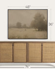 framed landscape painting above a wooden sideboard with dimensions indicated. 