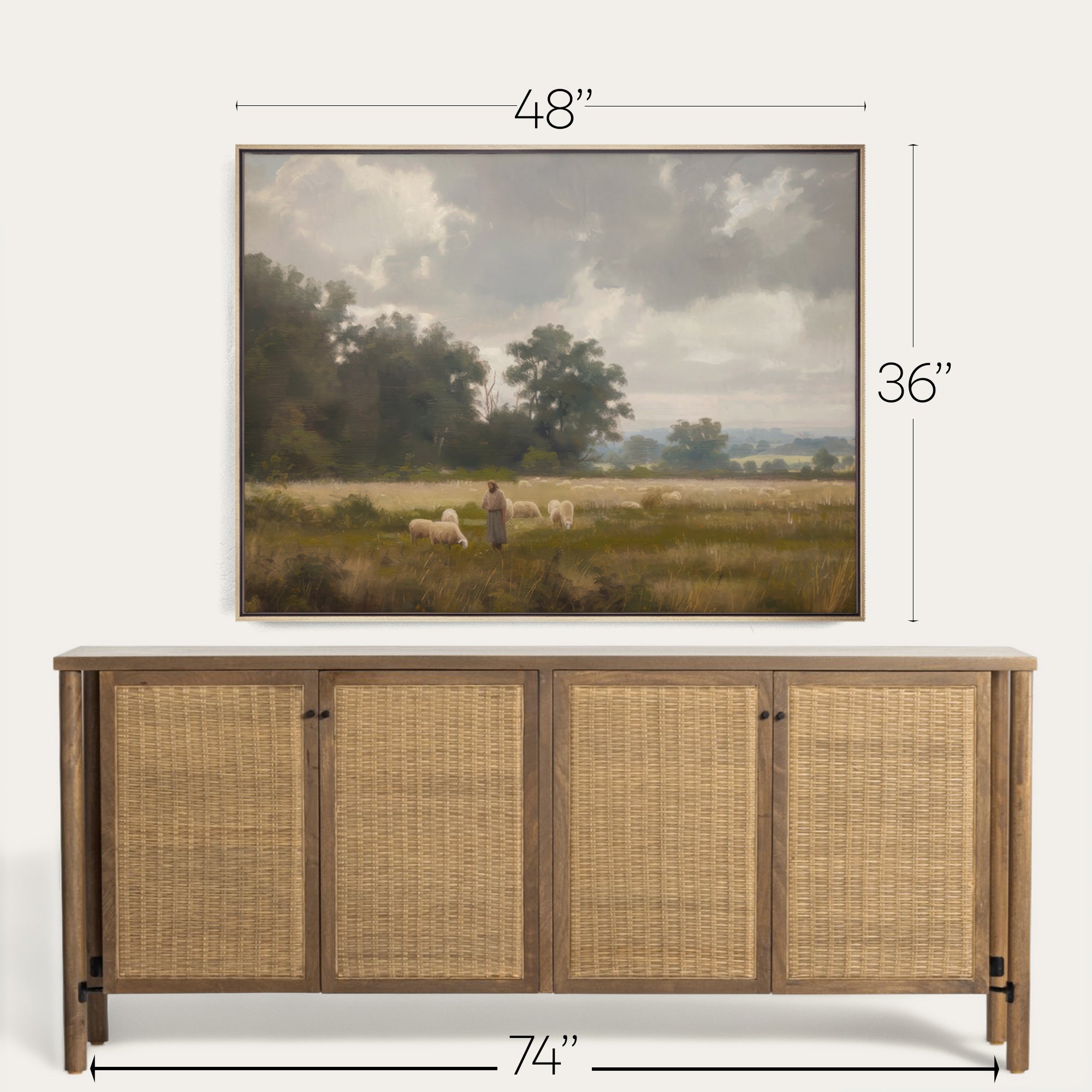 Framed landscape painting above a wooden sideboard with dimensions displayed. 