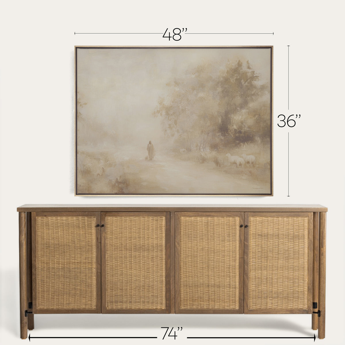 Wooden sideboard with wicker doors and dimensions displayed above a painting. 