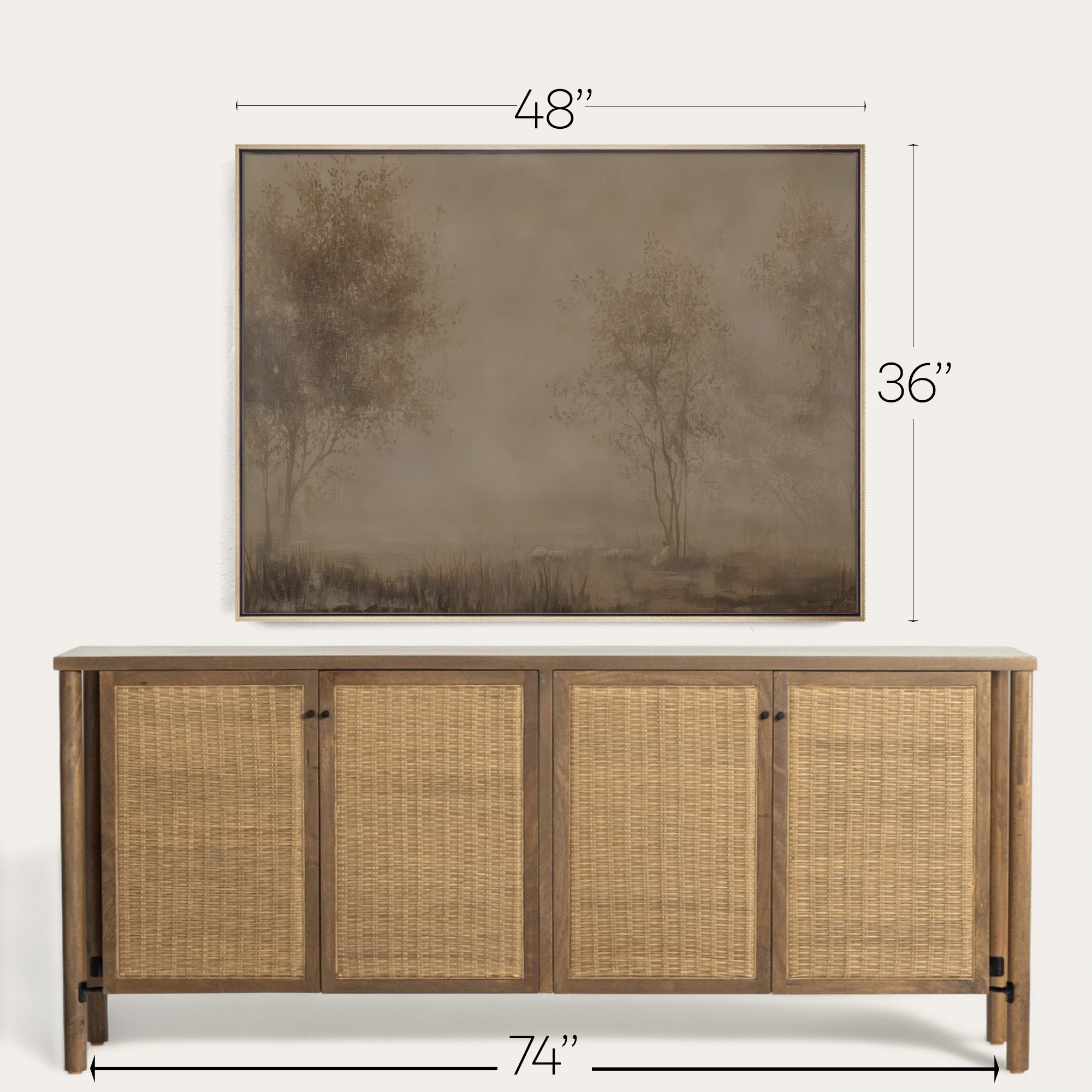 Wooden sideboard with wicker doors and a framed landscape painting above it, with measurements indicated. 