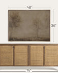 wooden sideboard with wicker doors and a framed landscape painting above it, with measurements indicated. 