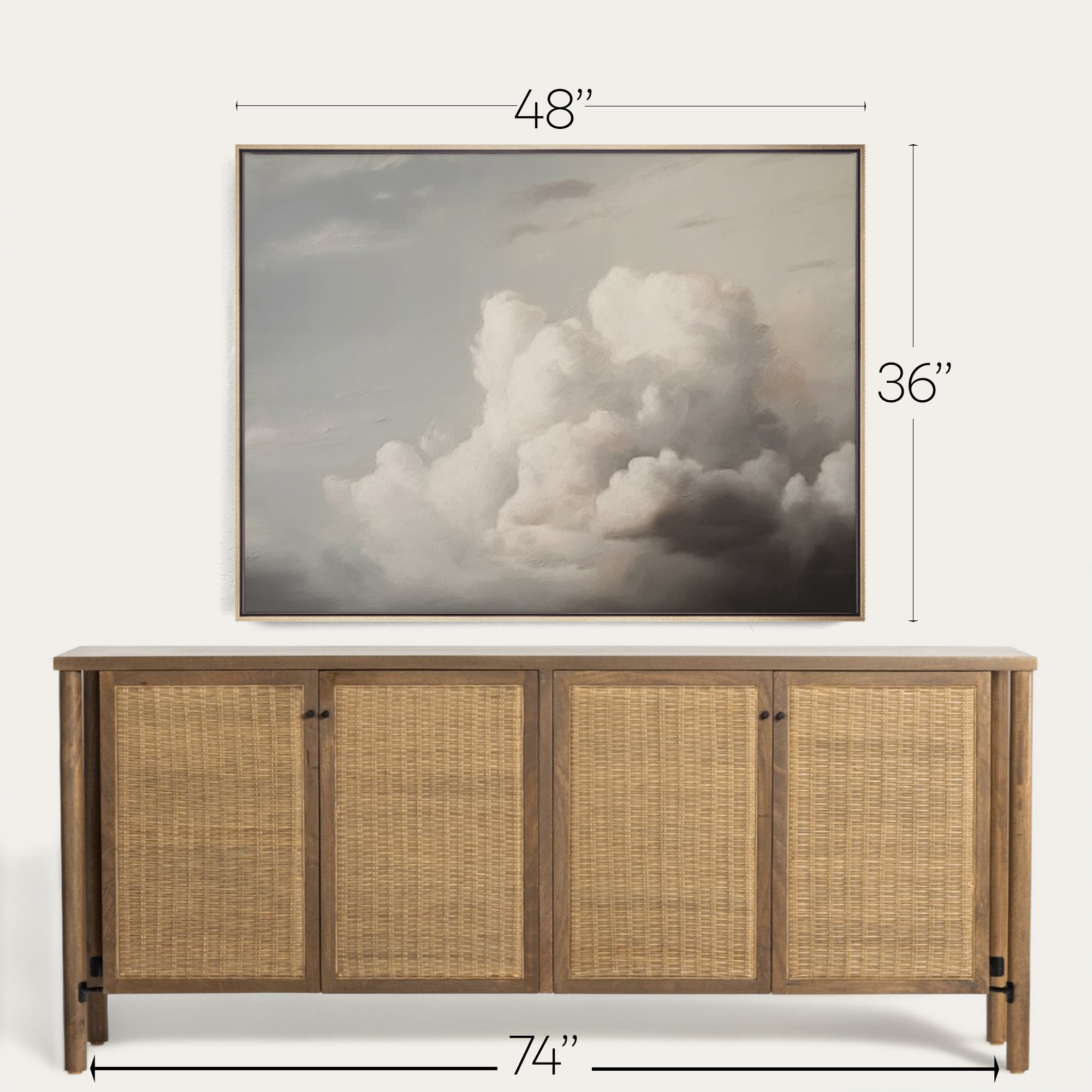 Wooden sideboard with wicker doors and framed artwork above it, showing dimensions. 