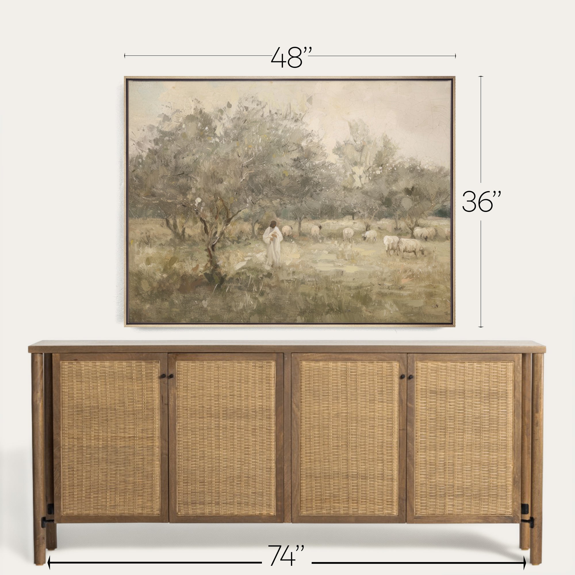 Framed landscape painting above a wooden sideboard with dimensions indicated. 